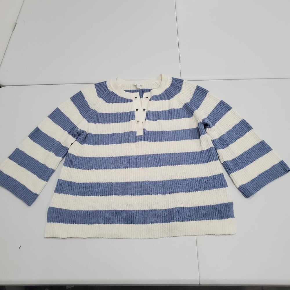 J Jill Sweater Womens Large Blue White Striped Cotton Henley Pullover Knit Coast